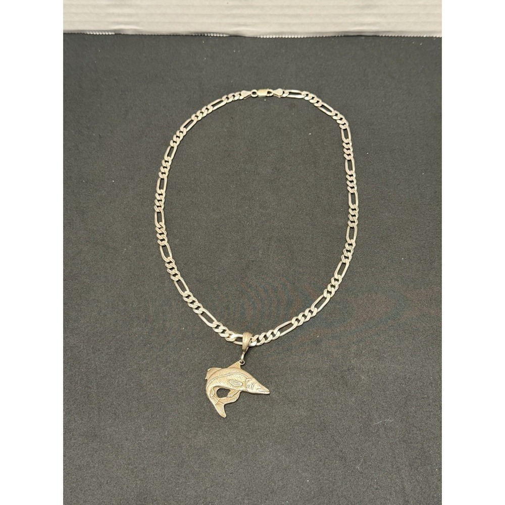 44.6g Solid 925 Sterling Silver 22in Figaro Chain W/ Snook Pendant Italy DES